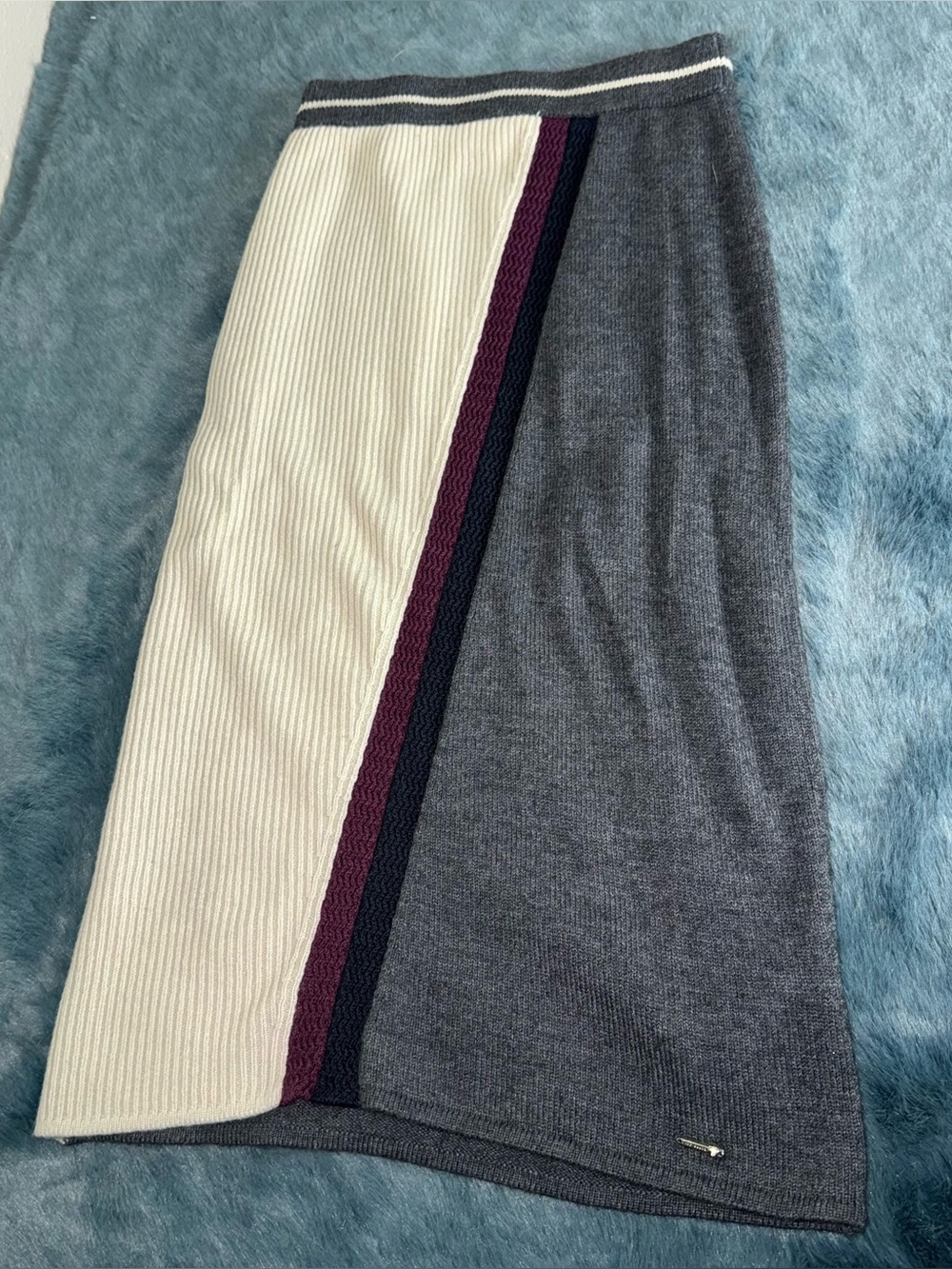 Ted Baker London Colorblock Knit Midi Skirt Wool Blend Gray Ivory Burgundy 0